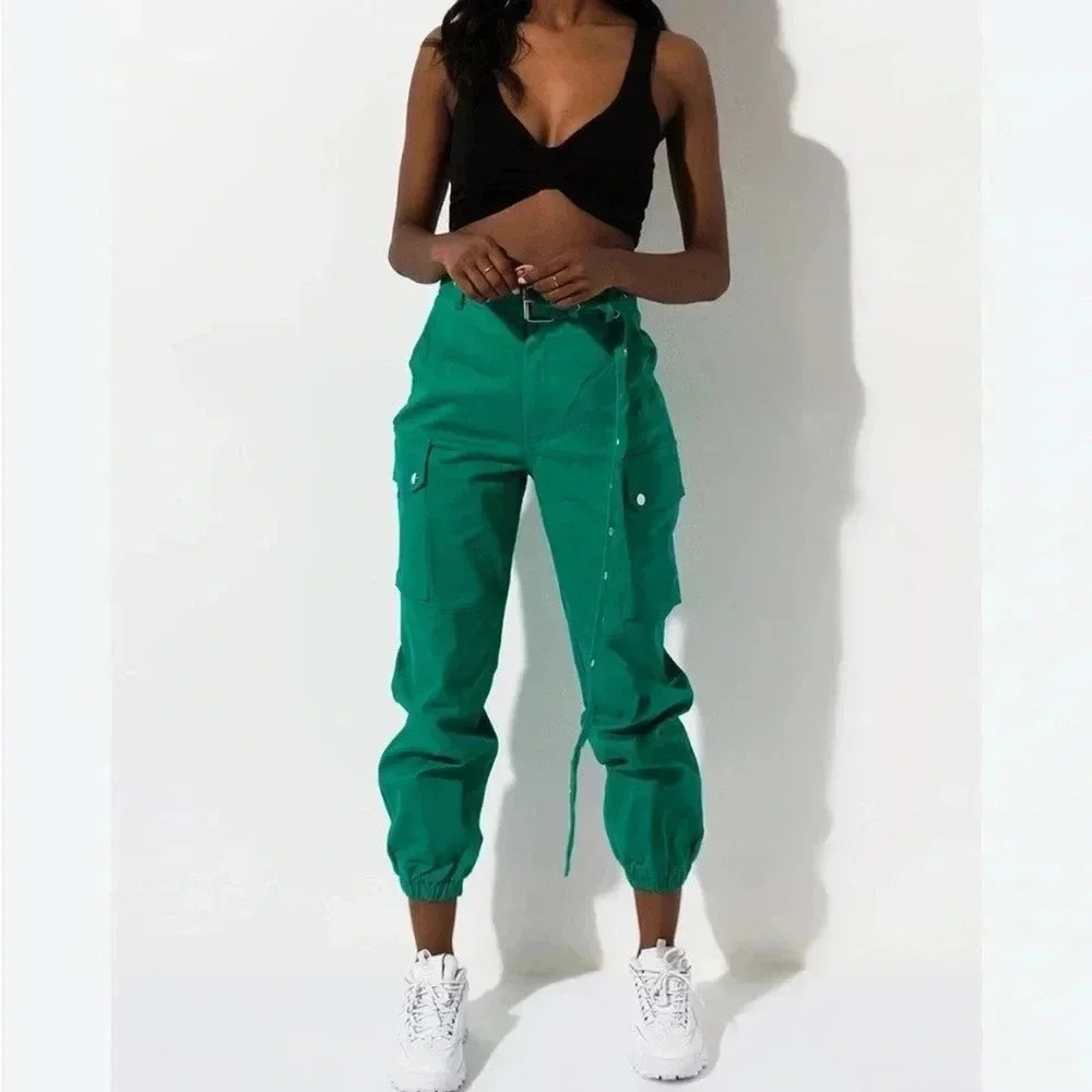 Cargo Green Pants with Belt, Pocket and Cropped/ Full Length High Waisted Jogger